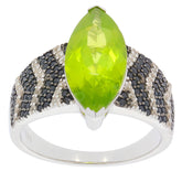Marquise green peridot sterling silver ring with black diamond accents, showcasing elegant design and vibrant gemstone.